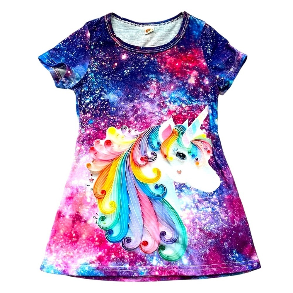 Girls Colorful Unicorn Galaxy Dress 18-24 Mo(90)3-D print casual princess summer